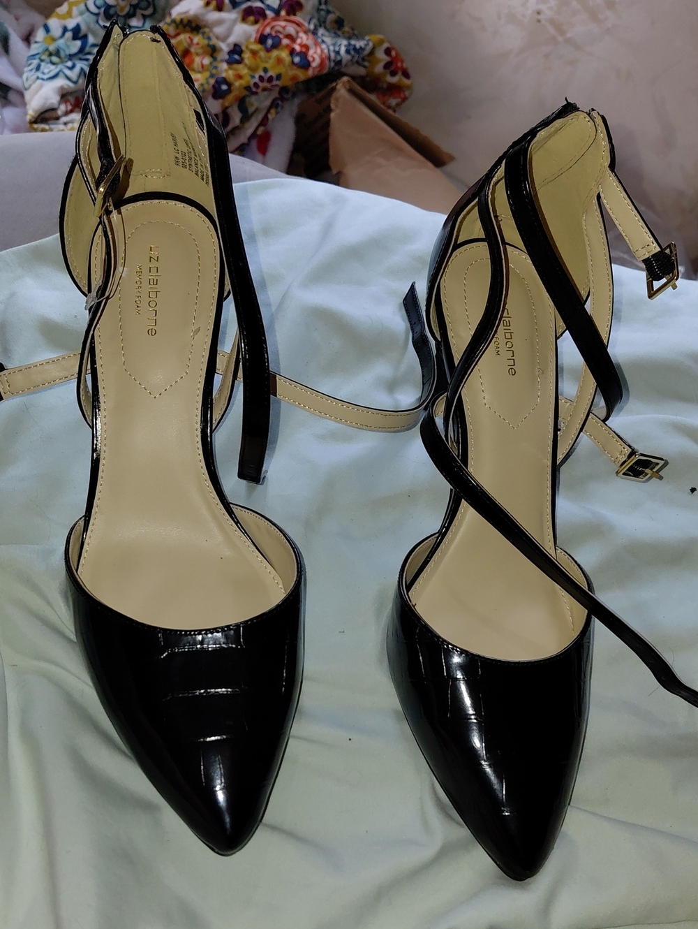 Liz Claiborne Black Patent Pointed-Toe Strappy Heels